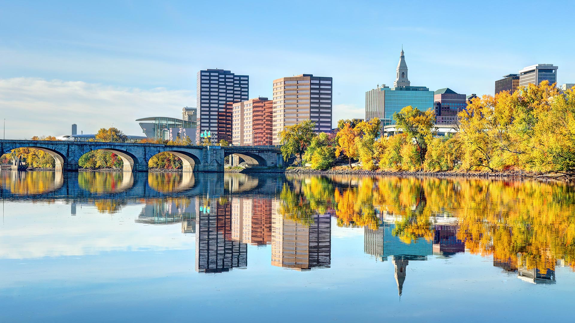 A view of the Connecticut River and skyline in autumn in Hartford, Connecticut