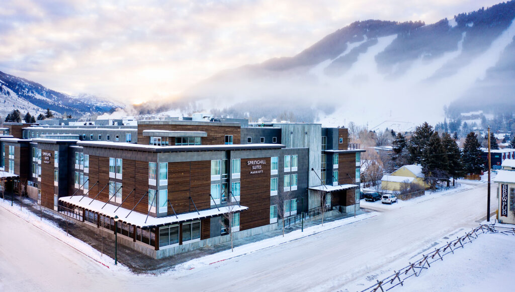 Aerial view of SpringHill Suites by Marriott Jackson Hole in the winter