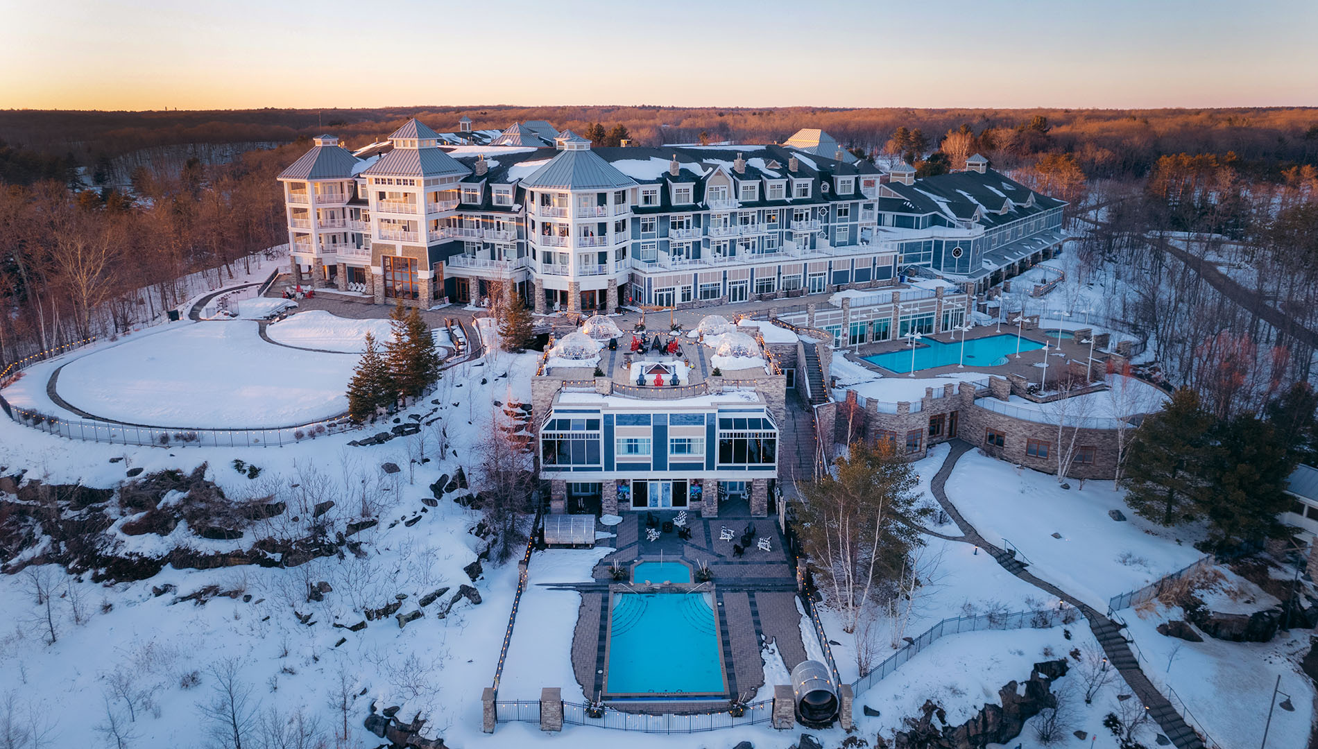 Aerial view of JW Marriott The Rosseau Muskoka Resort & Spa in the winter.