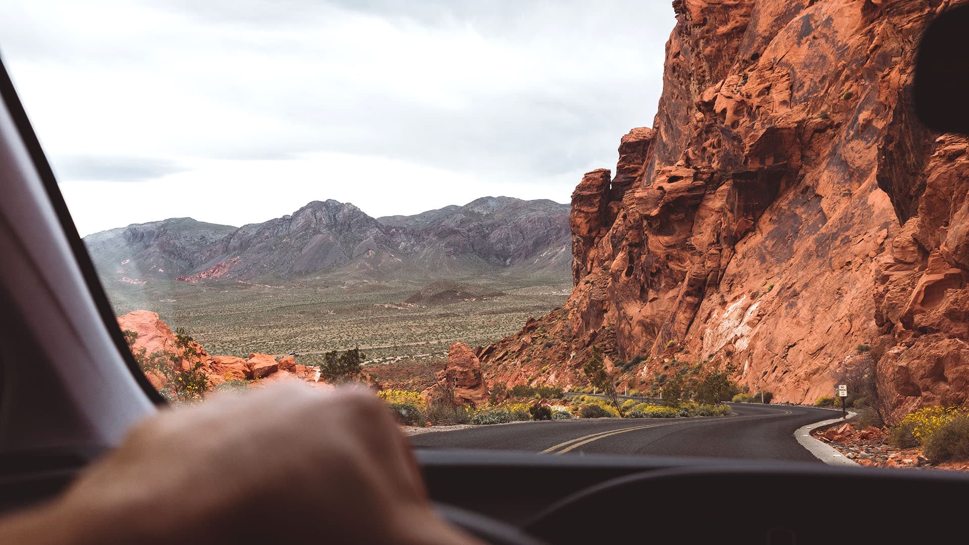 View from a car driving near the Las Vegas Valley of Fire