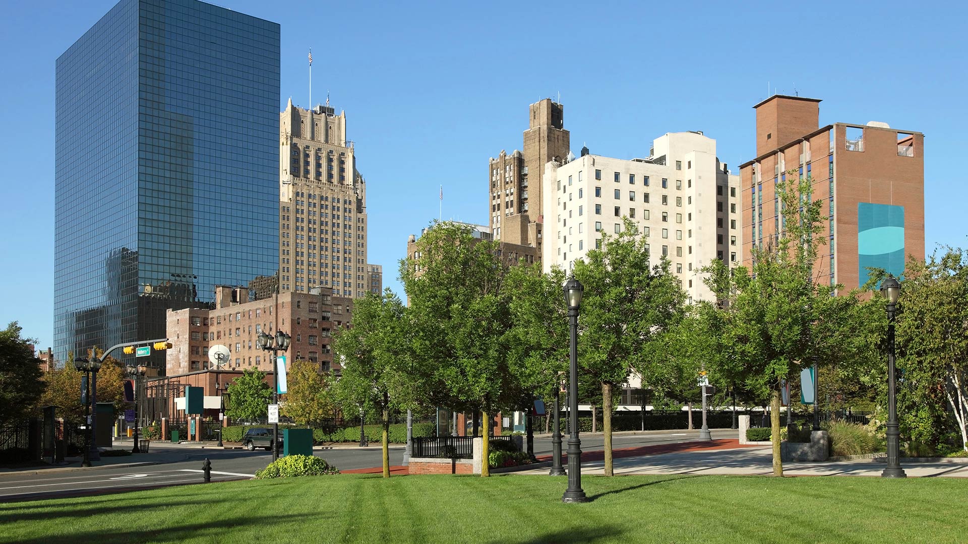 A park and buildings in downtown Newark, New Jersey