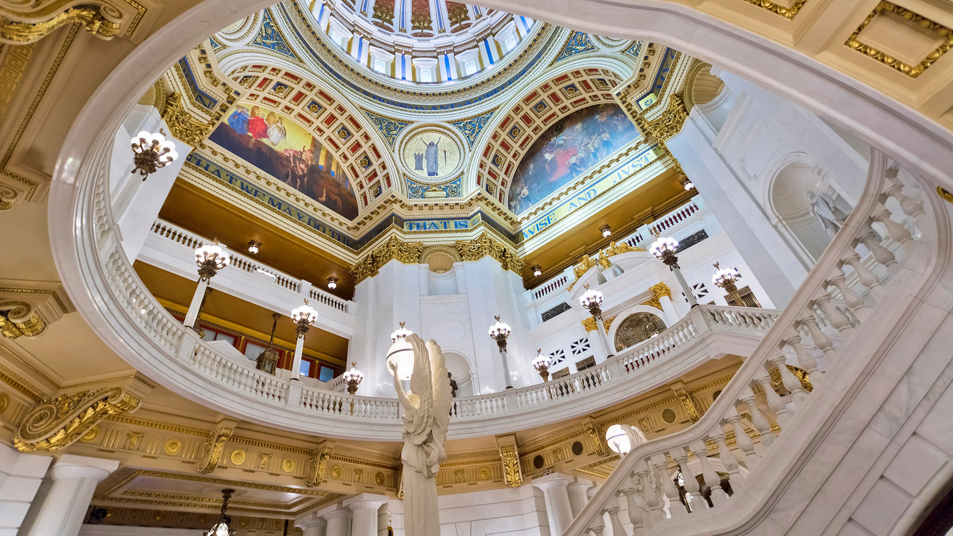 View of the rotunda and interior balcony of the Pennsylvania State Capitol in Harrisburg