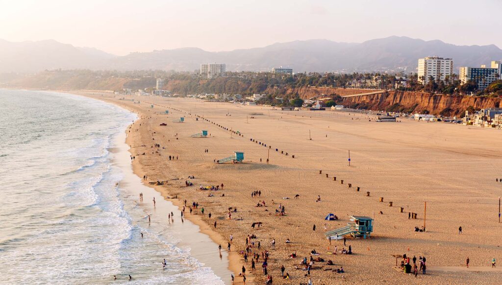 Aerial view of Santa Monica Beach in Los Angeles, California