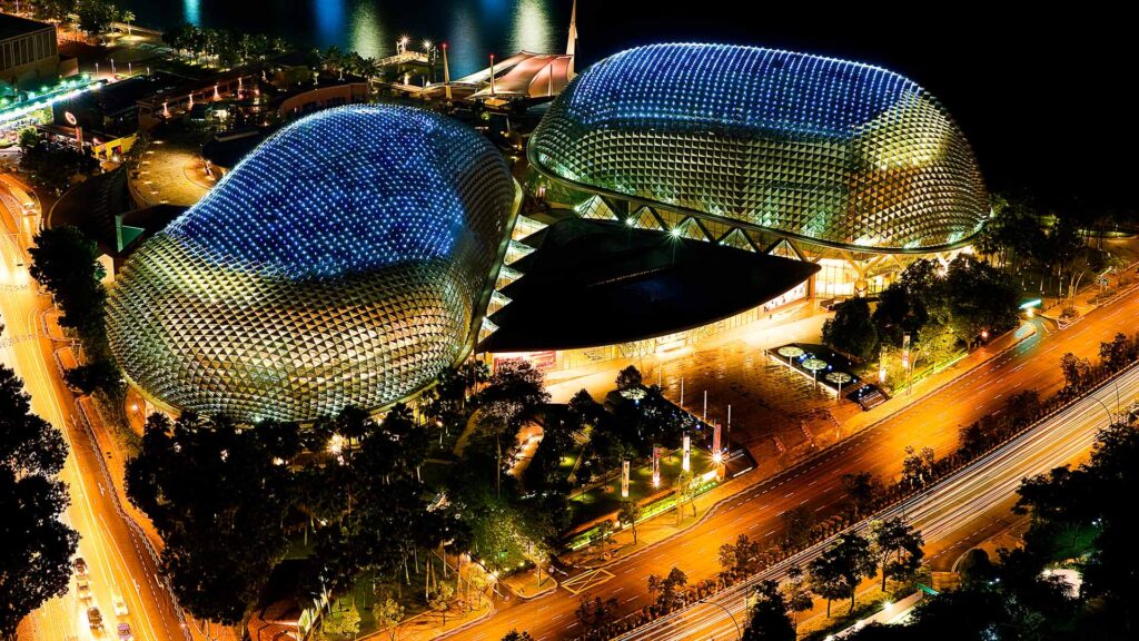 Aerial view of Esplanade – Theatres on the Bay in Singapore at night