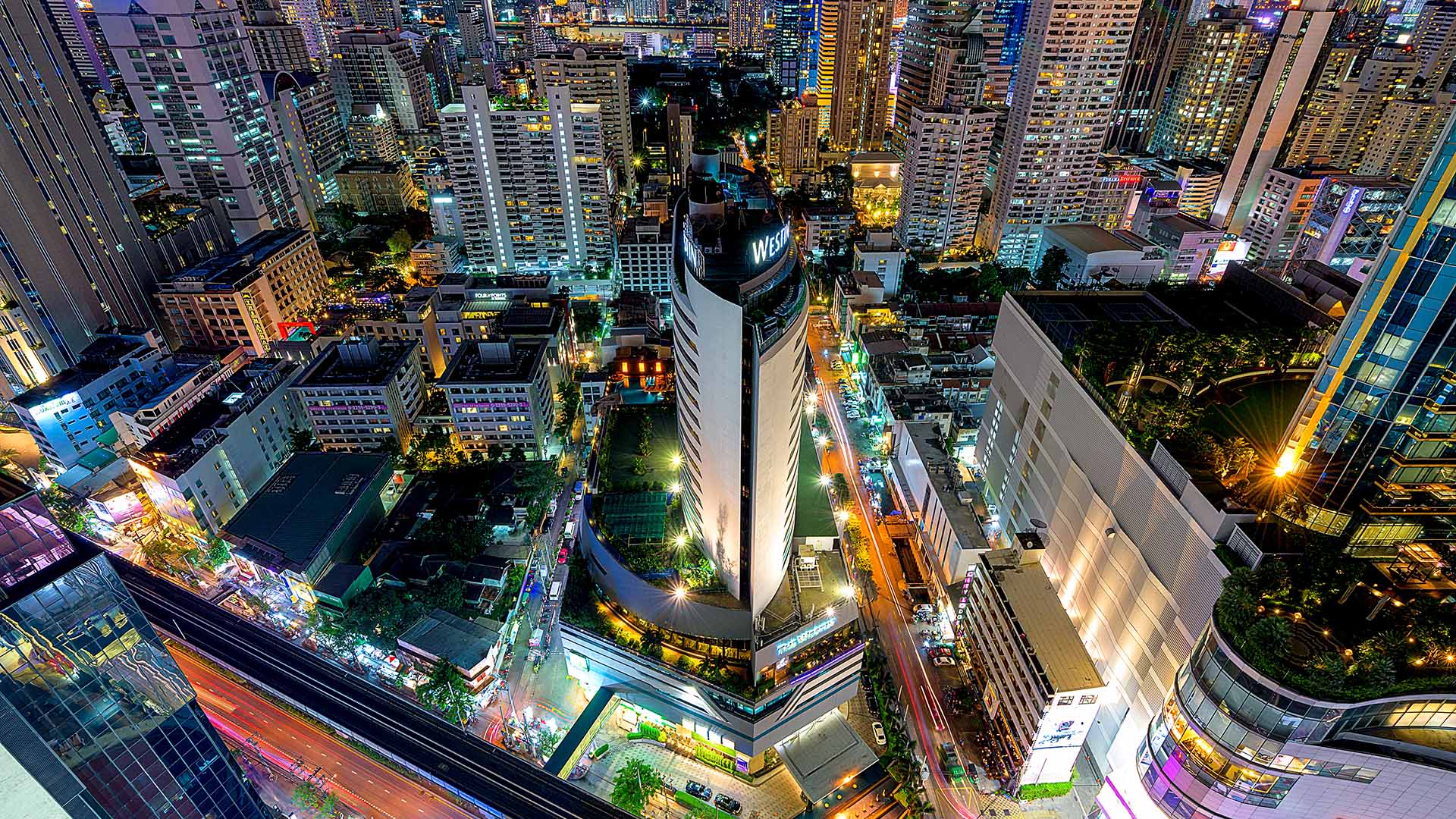 Aerial view of The Westin Grande Sukhumvit in Bangkok, Thailand, at night