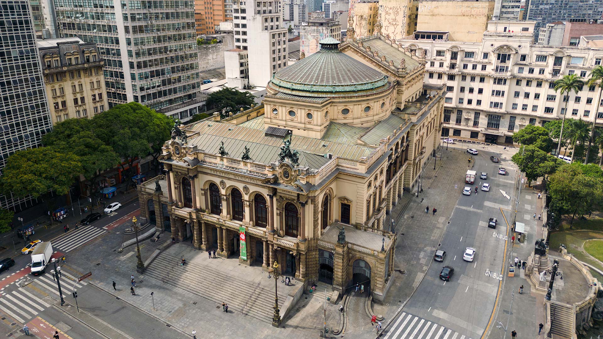 Aerial view of Teatro Municipal in Sao Paulo, Brazil