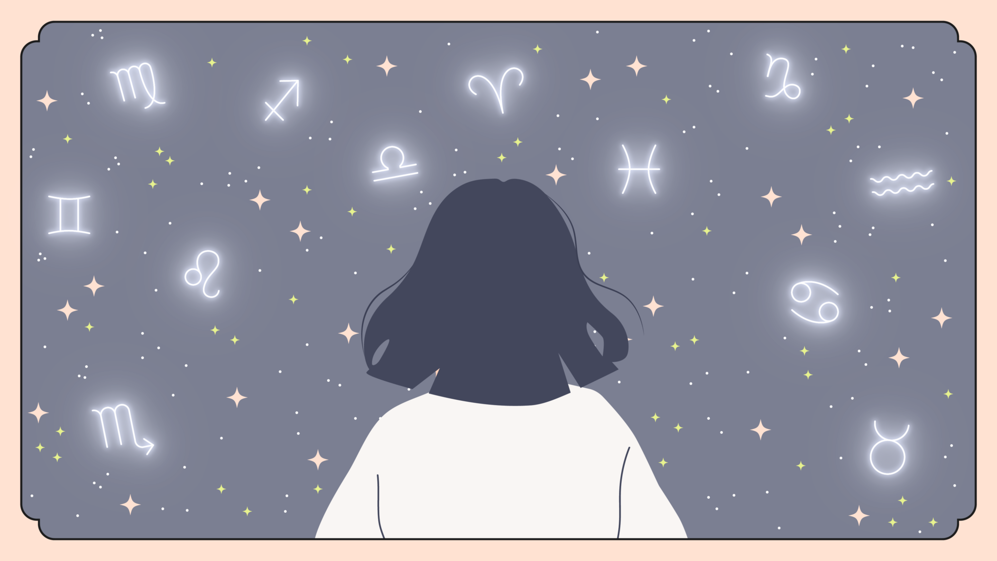 Illustration of a person looking at zodiac signs in the sky