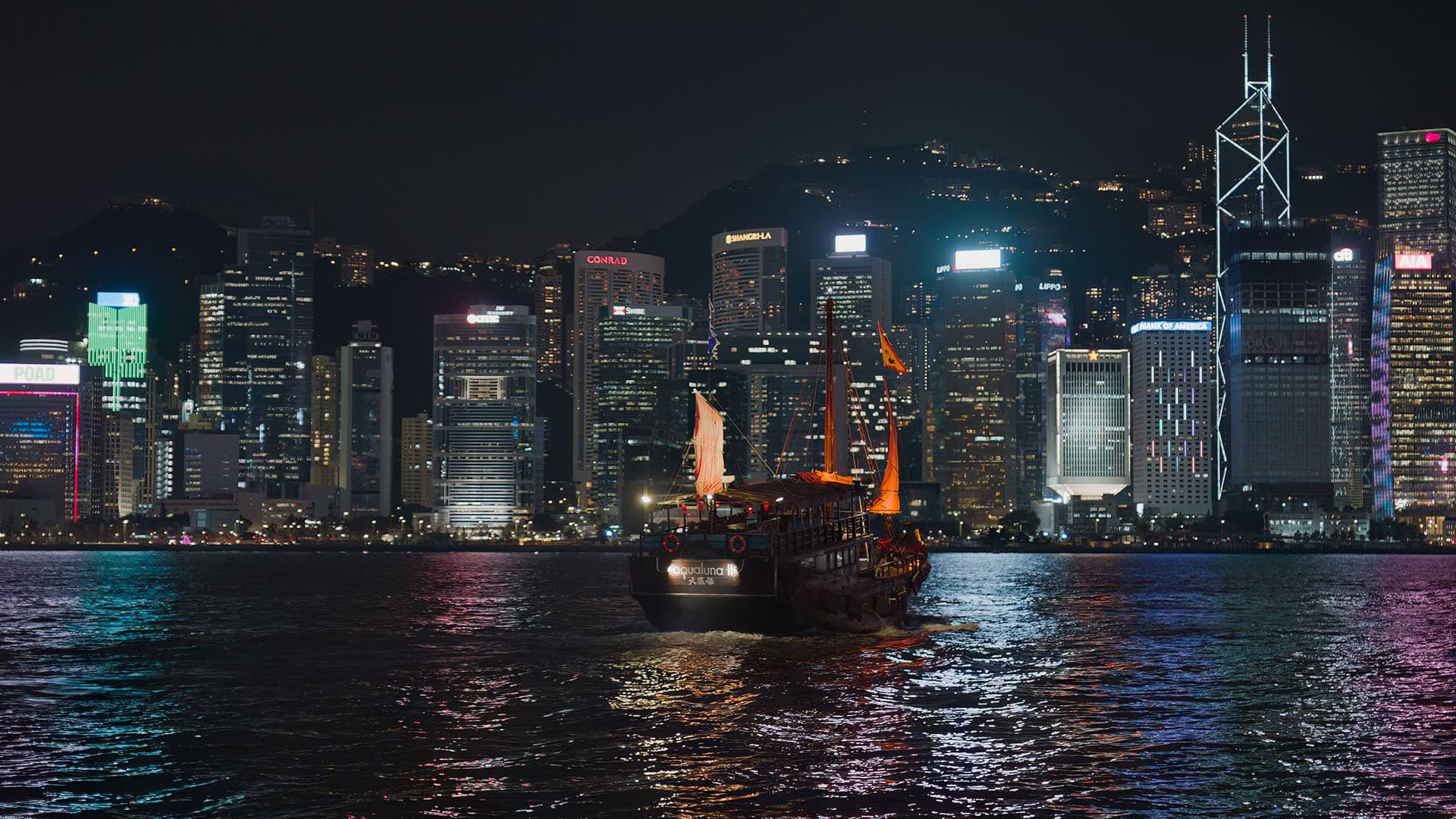 view of a traditional boat along the hong kong skyline