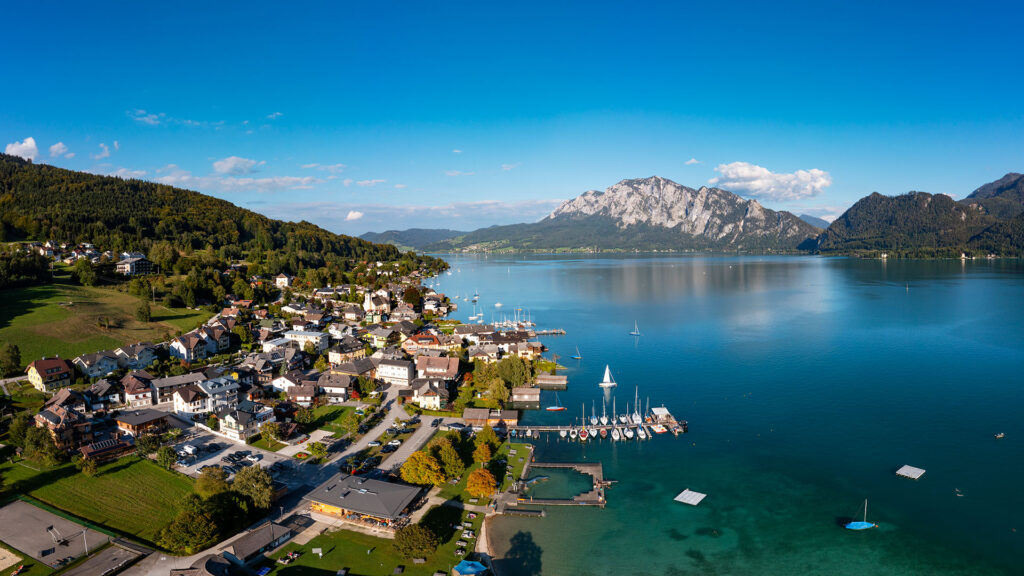 aerial of lake attersee in austria