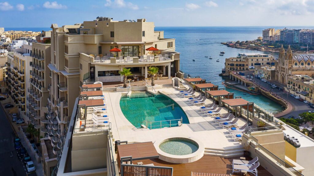 elevated views of the malta marriott rooftop pool