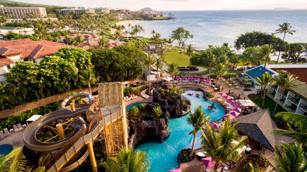 an elevated view of the wailea beach resort water slide