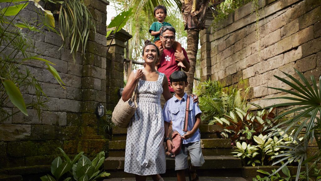 A family of four on vacation in Bali