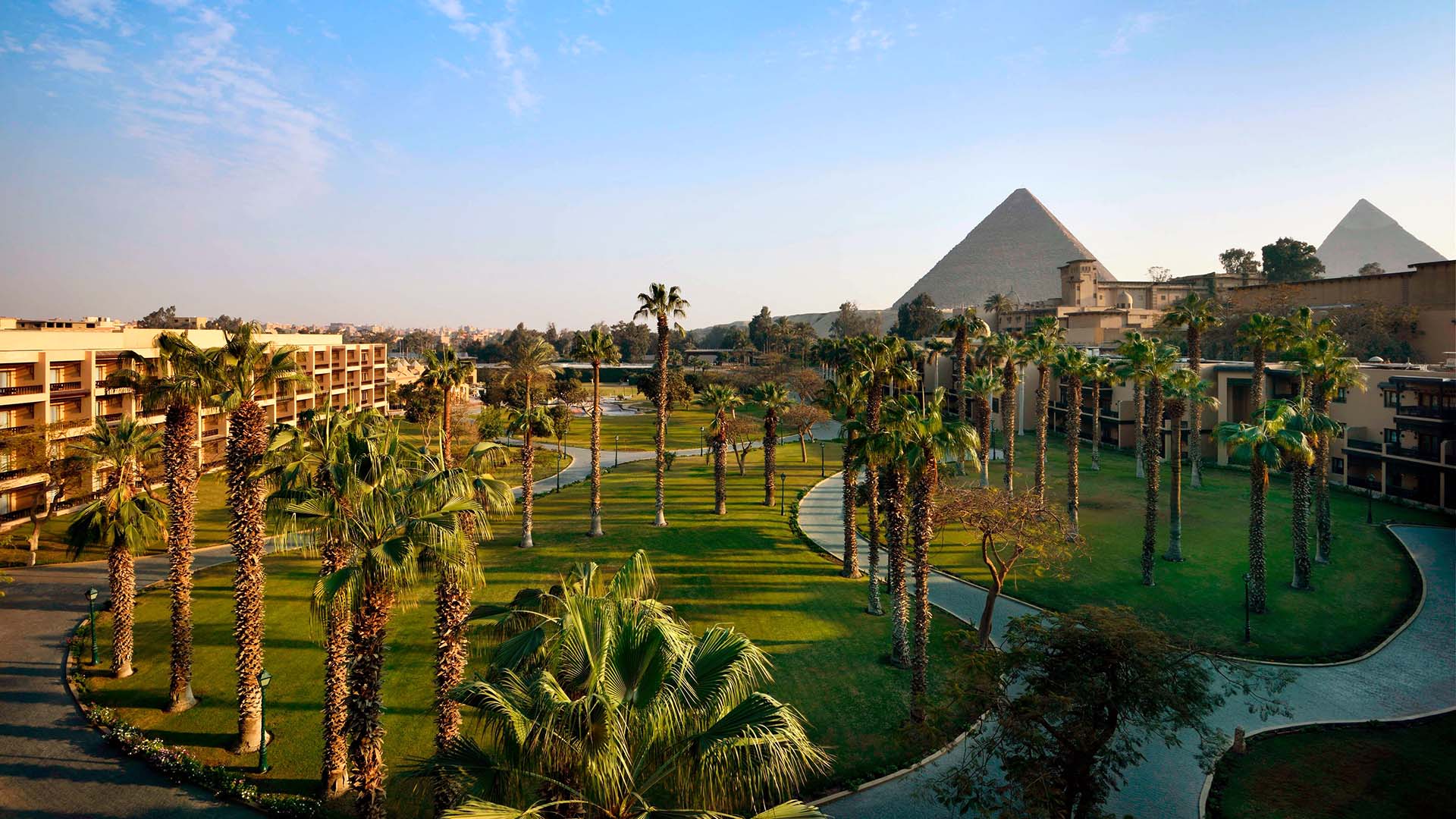 aerial view of Marriott Mena House, Cairo with the Pyramids of Giza in the background